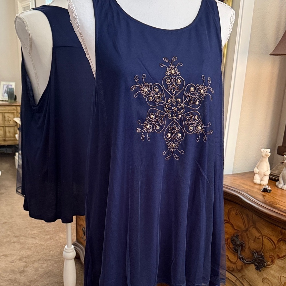 Hayden Navy Blue Embroidered Tank Top-Size 1X